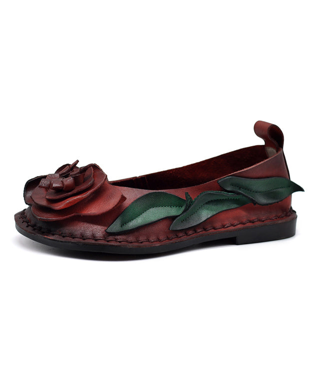 Handmade Retro Red Cowhide Leather Splicing Flat Shoes