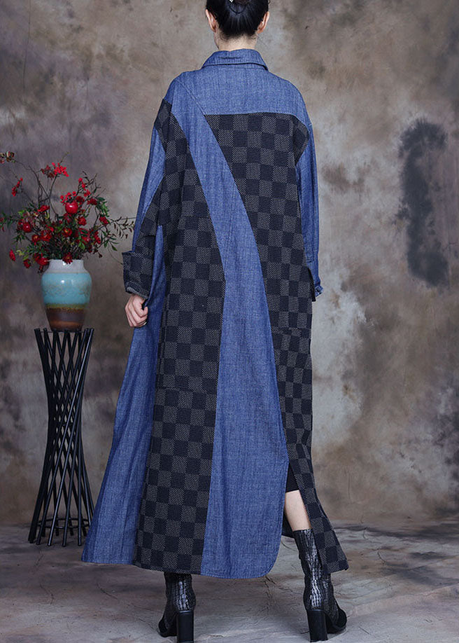 Denim Blue Patchwork Plaid Asymmetrical Design Fall Coats