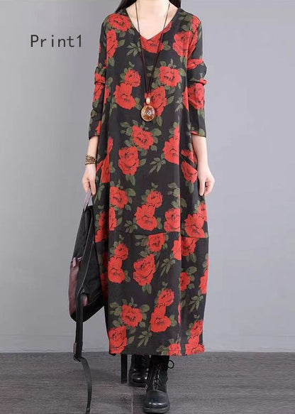 V Neck Print Patchwork Cotton Long Dresses Fall