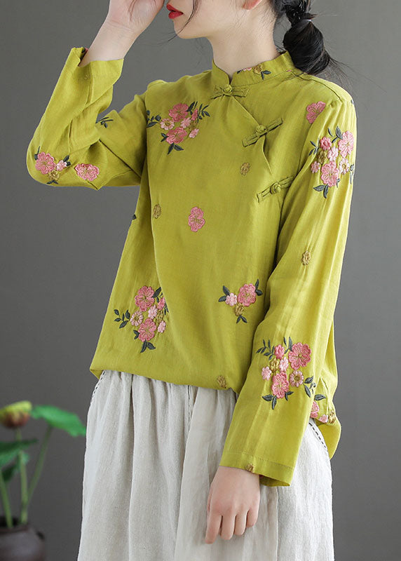 Purple Stand Collar Embroideried Patchwork Cotton Top Spring
