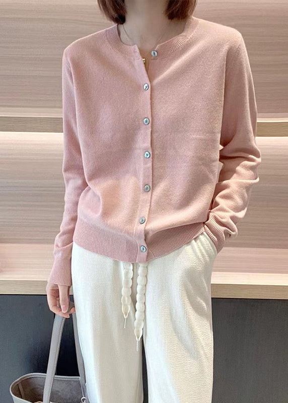 Pink O Neck Button Patchwork Knit Coats Long Sleeve