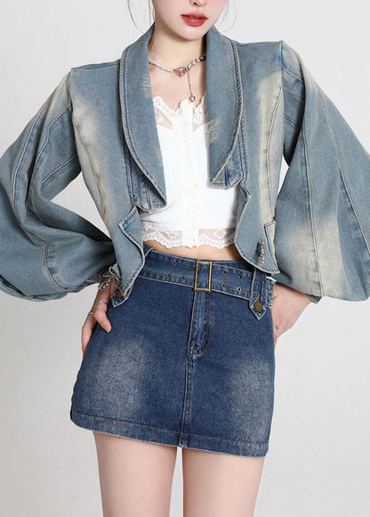 Blue Patchwork Denim Coats Lantern Sleeve