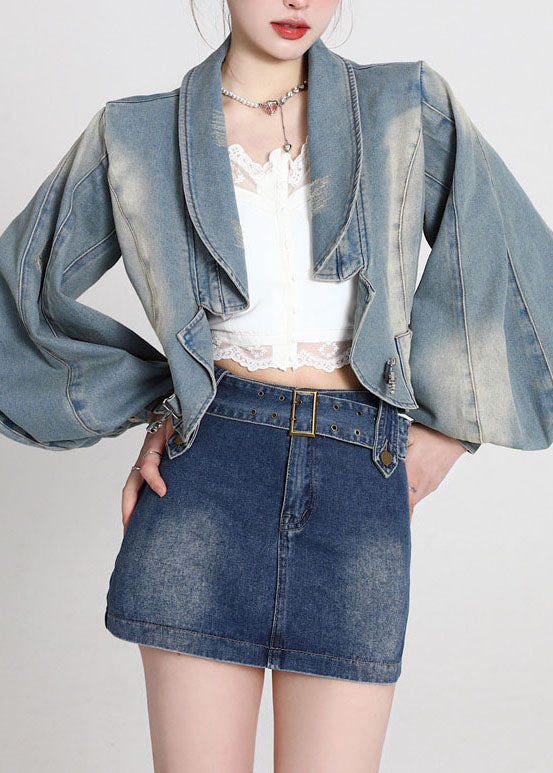 Blue Patchwork Denim Coats Lantern Sleeve