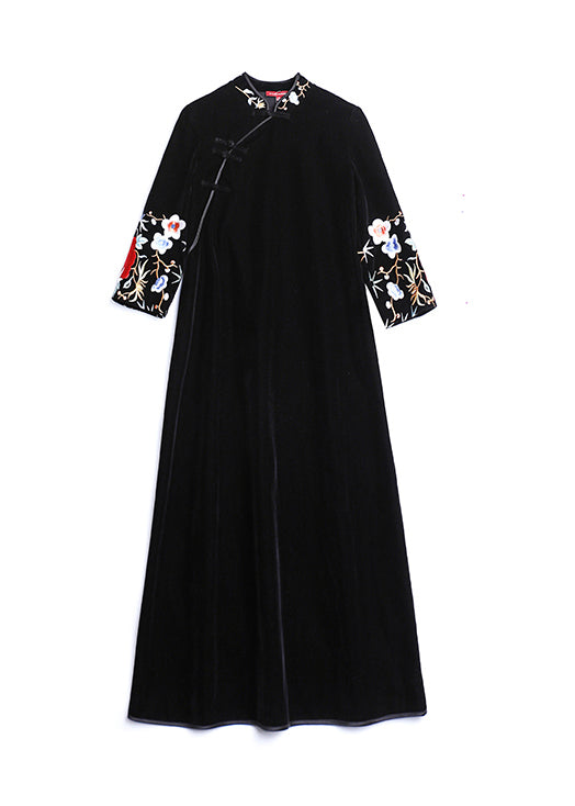 Black Stand Collar Embroideried Patchwork Velour Dress Fall