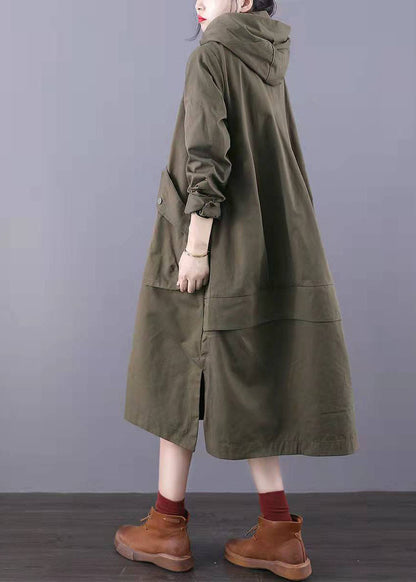 Fitted Army Green Zip Up Pockets Cotton Trench Coats Spring