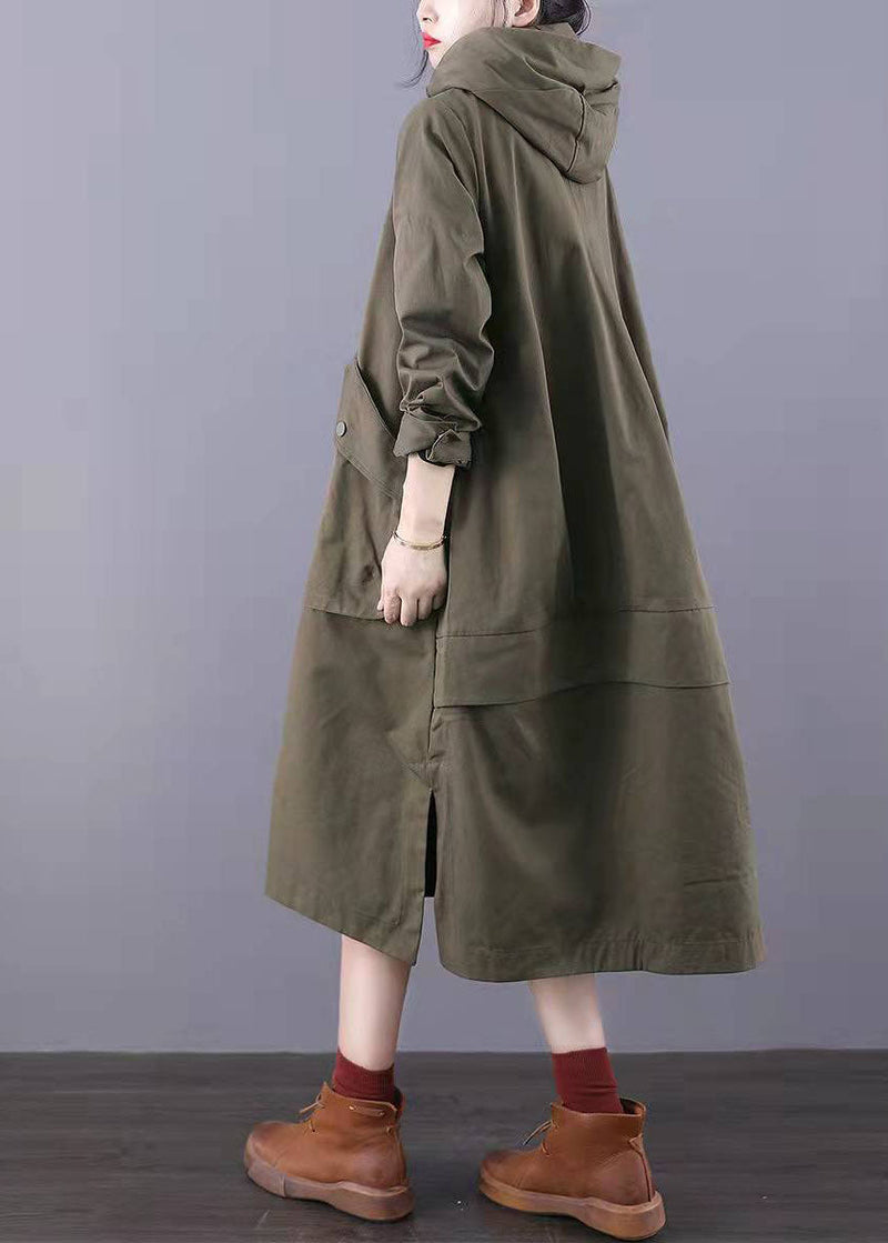 Fitted Army Green Zip Up Pockets Cotton Trench Coats Spring