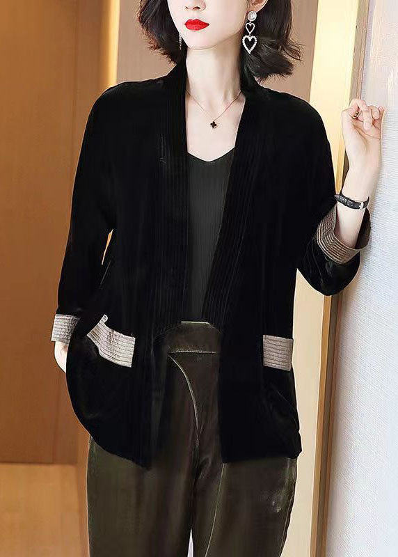 Loose Black V-neck Pockets Patchwork Silk Velour Cardigans Bracelet Sleeve