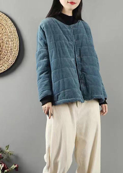 Blue Stand Collar Pockets Fine Cotton Filled Coats Winter
