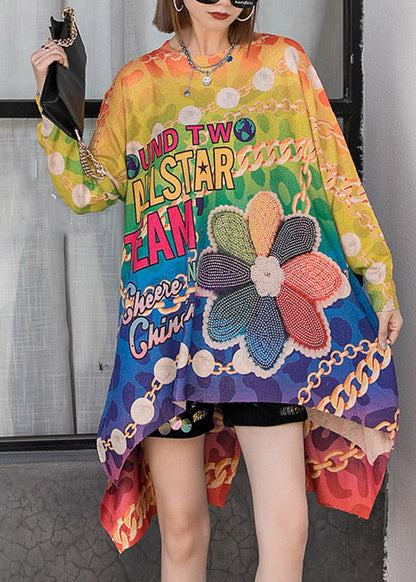 Stylish O-neck Asymmetrical Design Print Knit Tops Long Sleeve