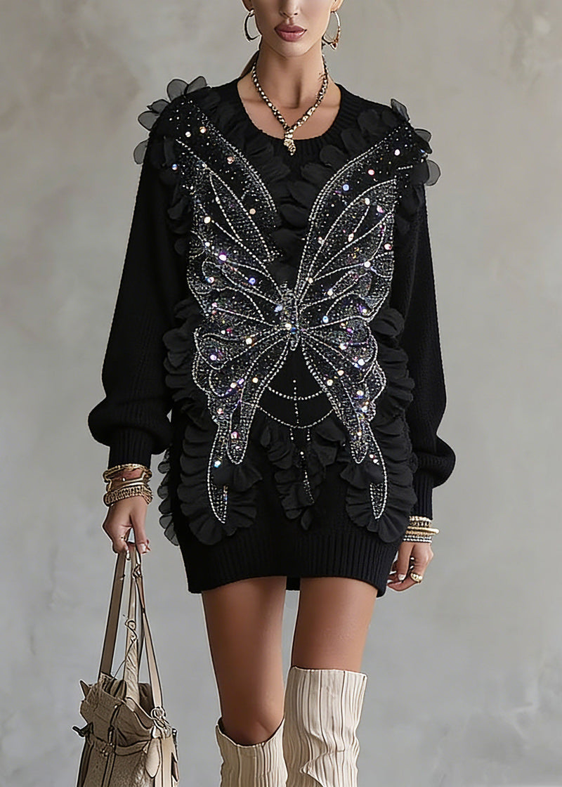 Black O-neck Sequins Top Lantern Sleeve Spring