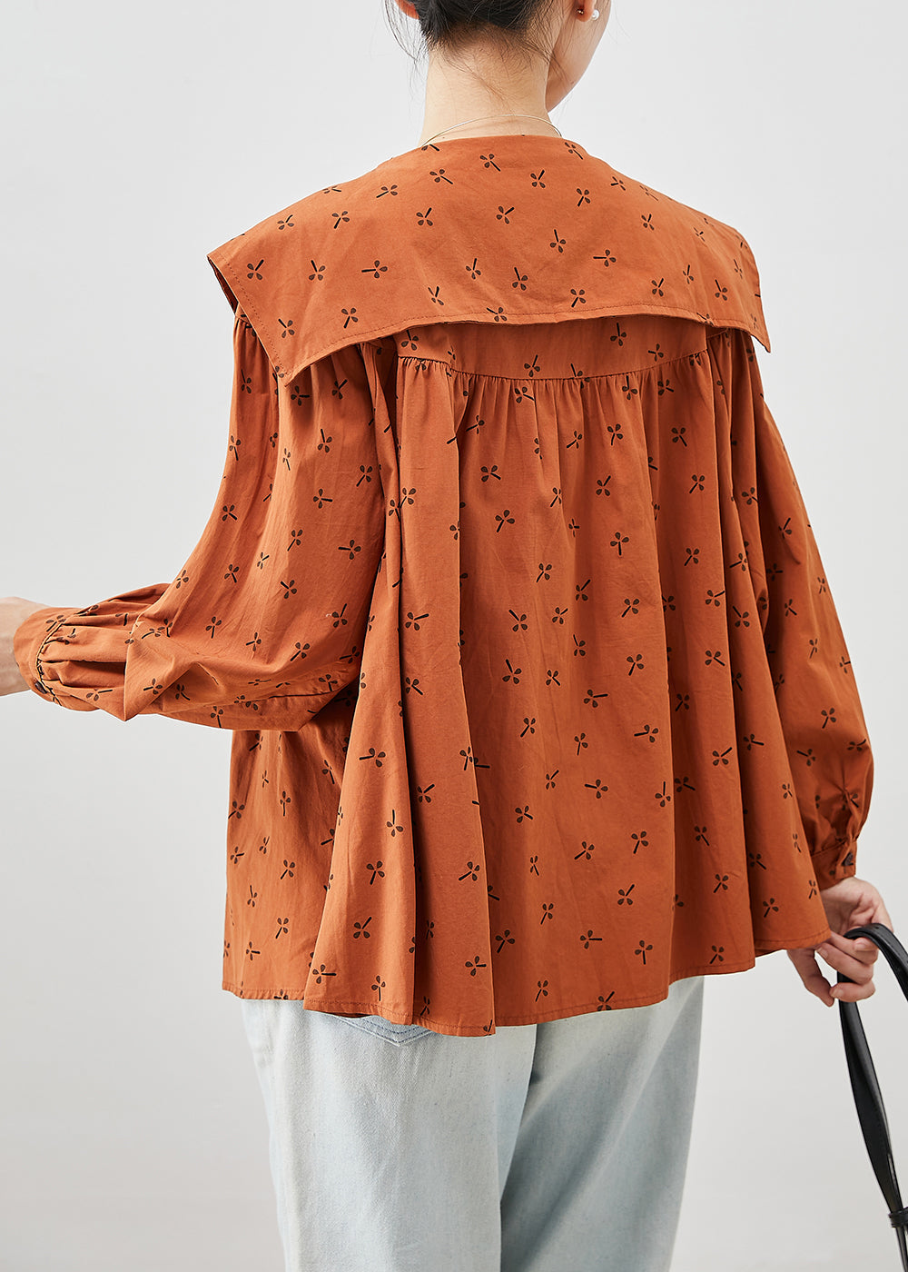 Orange Oversized Print Cotton Tops Fall