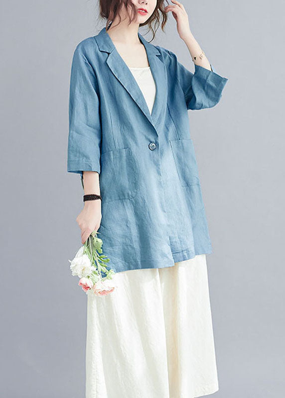 Natural Blue Notched Button Pockets Fall Three Quarter Sleeve Blouse Top