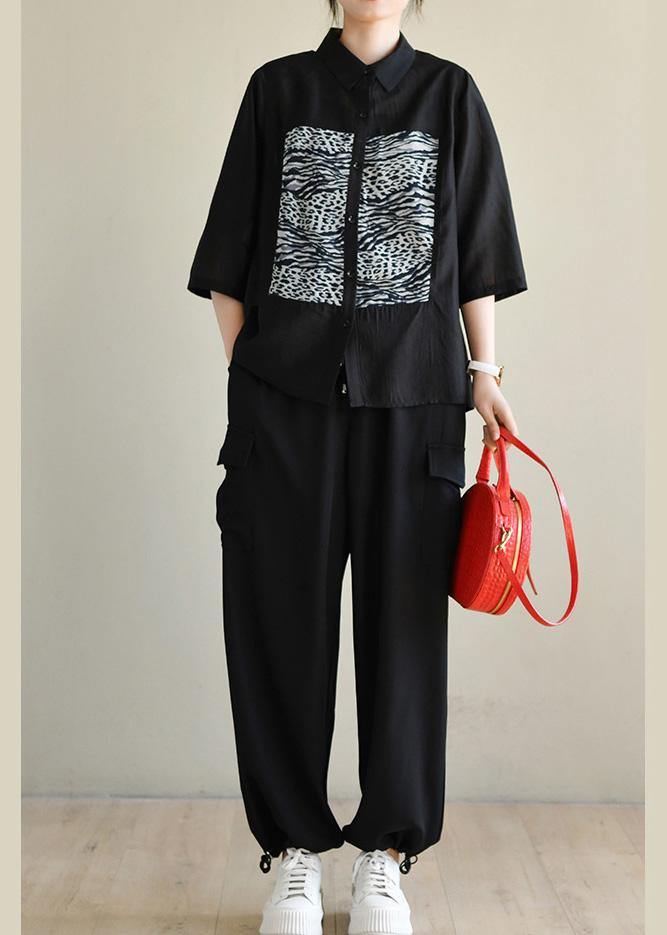Fitted Black Striped Patchwork Blouses Half Sleeve Spring