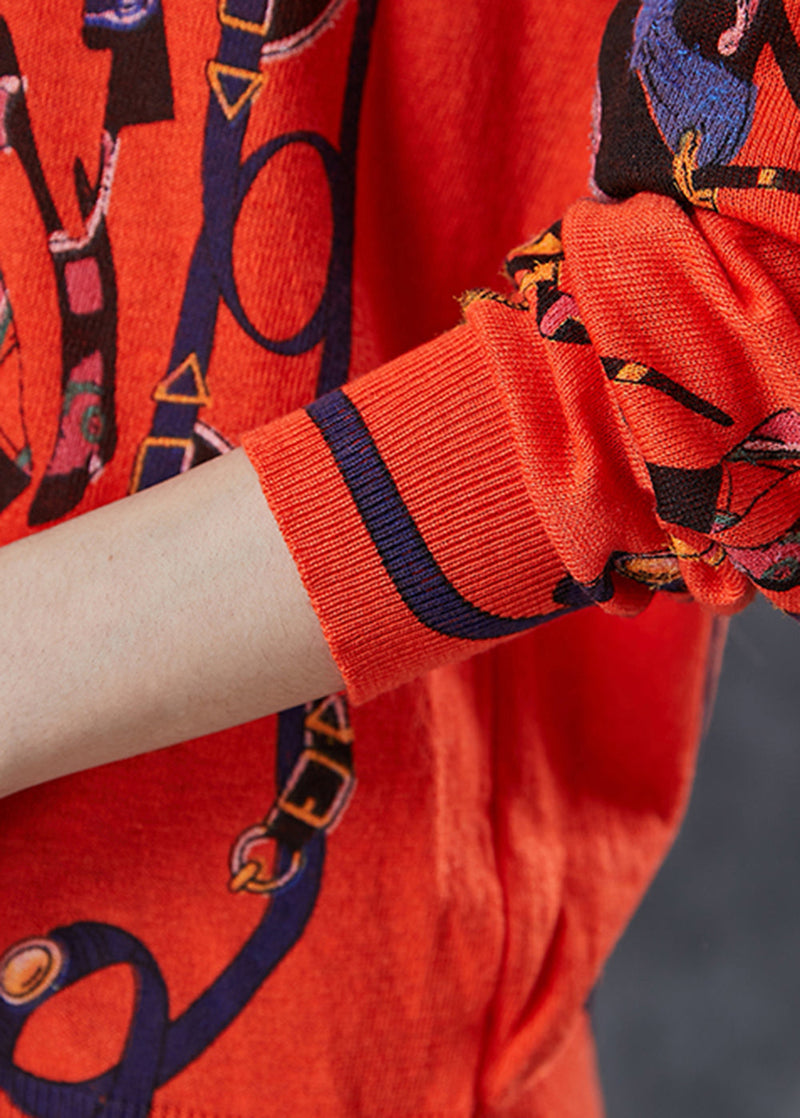 Orange O-neck Print Knit Pullover Spring