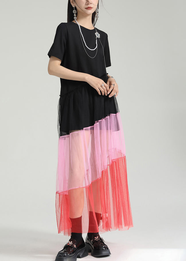 Colorblock O Neck Wrinkled Patchwork Tulle Dresses Summer