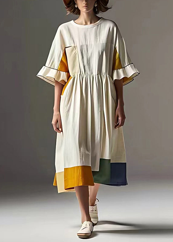 White Cinched Patchwork Cotton Vacation Dresses Summer