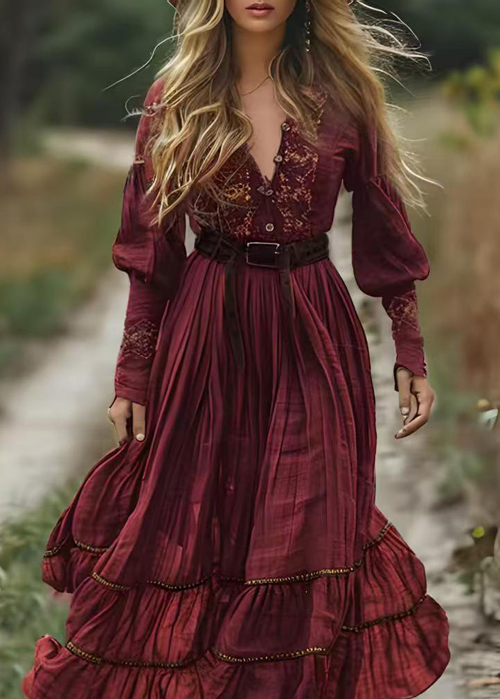 Mulberry V Neck Print Wrinkled Cotton Robe Dresses Spring