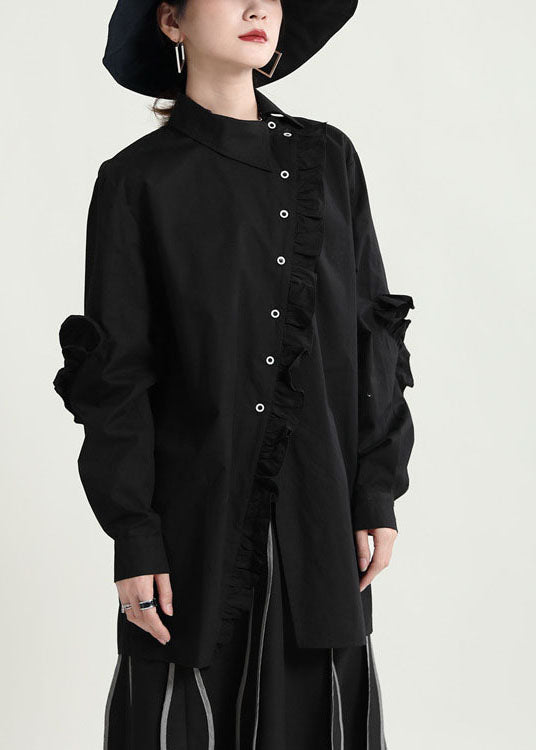 Fitted Black Button Ruffled Asymmetrical Shirt Tops Spring