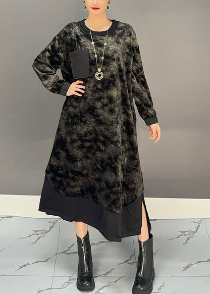 Black O-neck Tie Dye Side Open Silk Velour Maxi Dress Winter