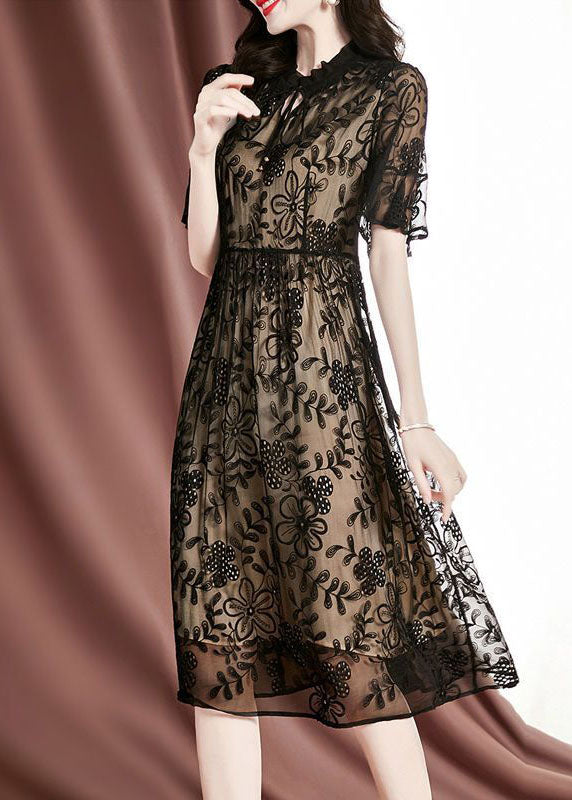 Black Embroideried Hollow Out Silk Long Dresses Summer