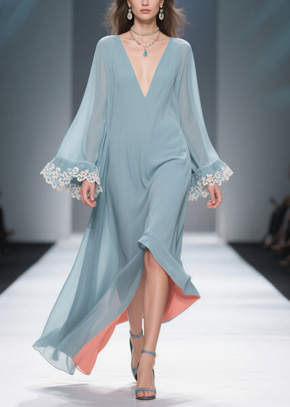 Loose Blue V Neck Chiffon Maxi Dresses Flare Sleeve