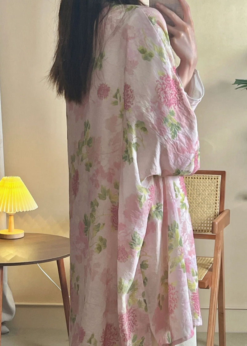Pink Print Chinese Button Cotton Shirts Long Sleeve