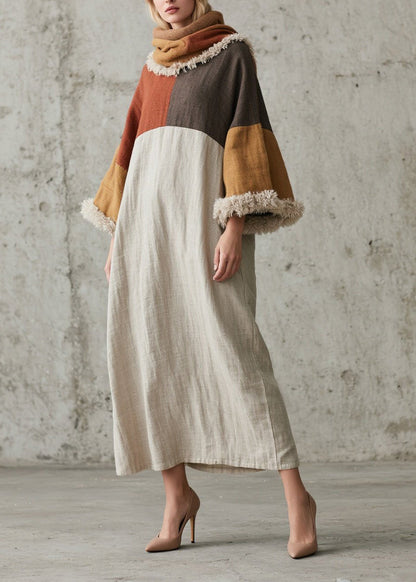 Original Design Colorblock Fuzzy Fur Patchwork Cotton Dress Fall