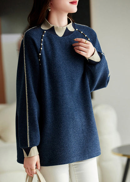 Navy Nail Bead Thick Patchwork Woolen Knitted Tops Winter