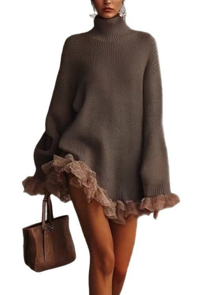 New Hign Neck Ruffled Patchwork Knit Sweaters Dress Spring