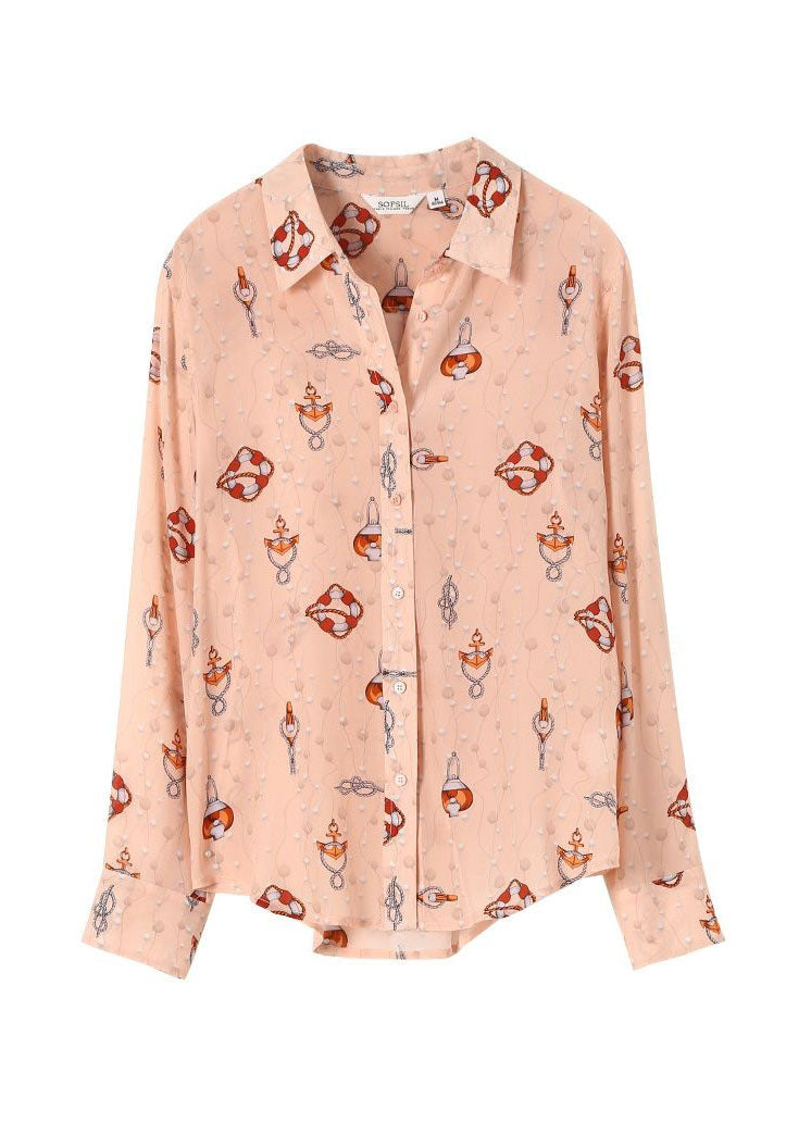 Pink Peter Pan Collar Print Silk Blouses Spring
