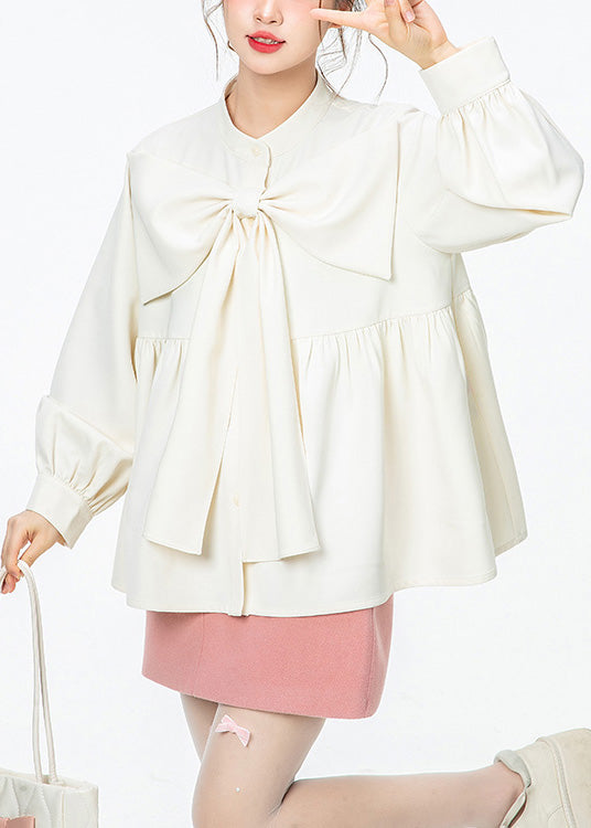 French White O-neck Wrinkled Bow Shirt Spring
