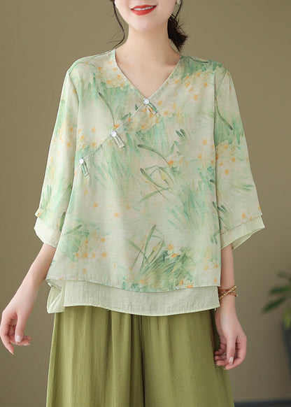 Purple V Neck Button Print Cotton Shirt Flare Sleeve