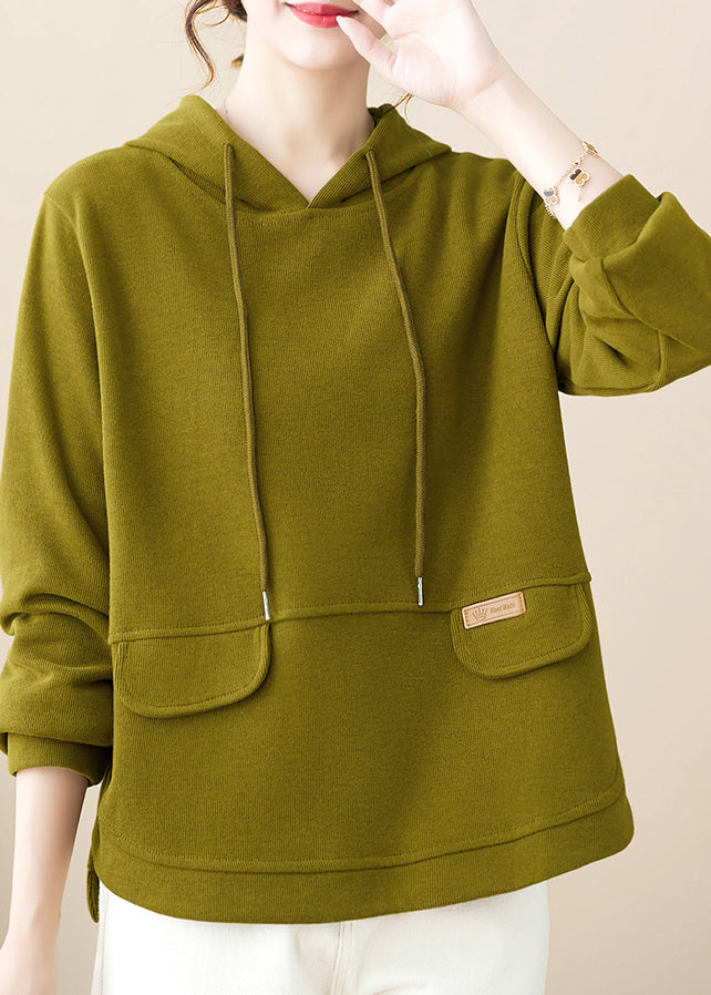 Loose Green Hooded Patchwork Cotton Pullover Fall