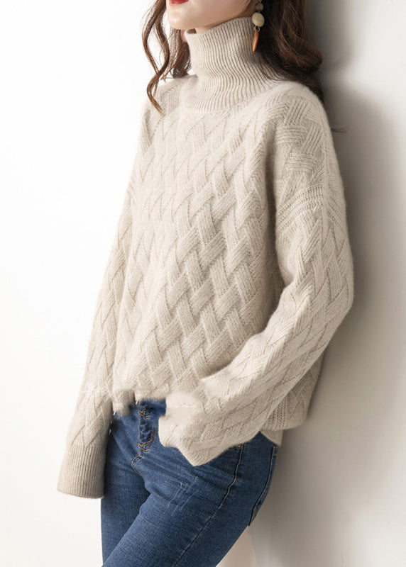 Light Camel Turtleneck Plaid Wool Knit Sweaters Spring