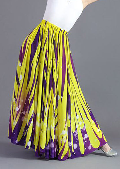 Yellow Striped Elastic Waist Chiffon a Line Skirts Summer