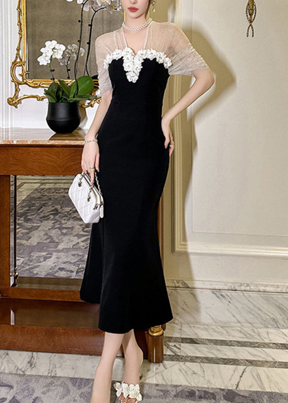 Black V Neck Tulle Patchwork Maxi Dresses Summer