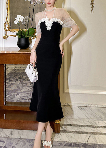Black V Neck Tulle Patchwork Maxi Dresses Summer