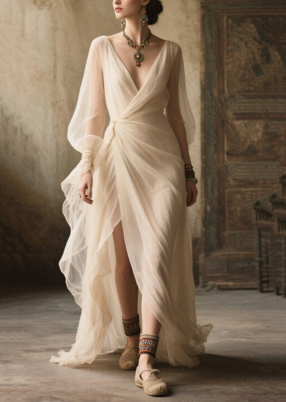 White Exra Large Hem Side Open Tulle Long Dress Summer