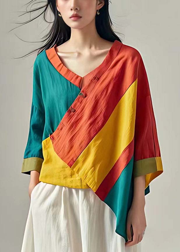 Unique Orange Asymmetrical Patchwork Linen Shirt Fall