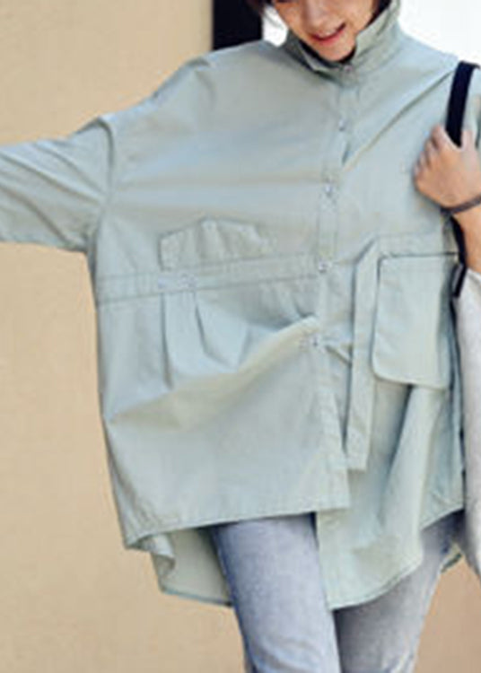 Cyan Green Colour Peter Pan Collar Button Pockets Cotton Shirt Long Sleeve