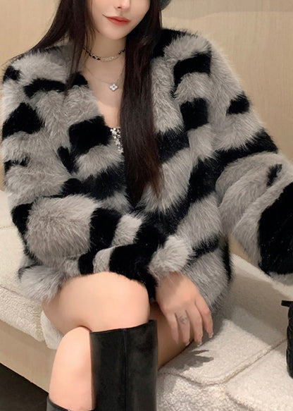 Grey V Neck Striped Fuzzy Fur Fluffy Coat Winter