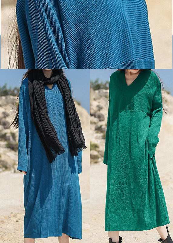 Blue Loose Knit Long Dress V Neck Spring