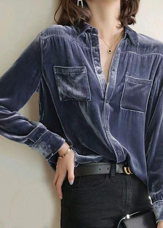 Blue Patchwork Silk Velour Shirt Tops Peter Pan Collar Long Sleeve