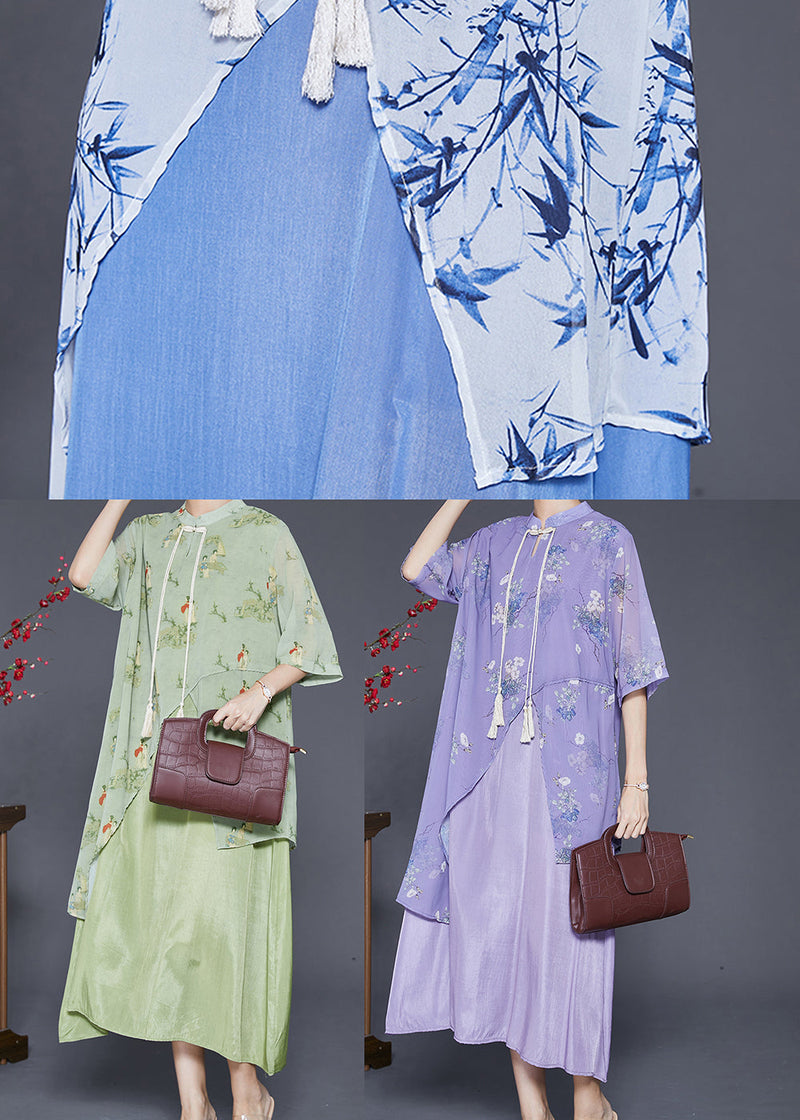 Green Tasseled Print Silk Long Dresses Summer