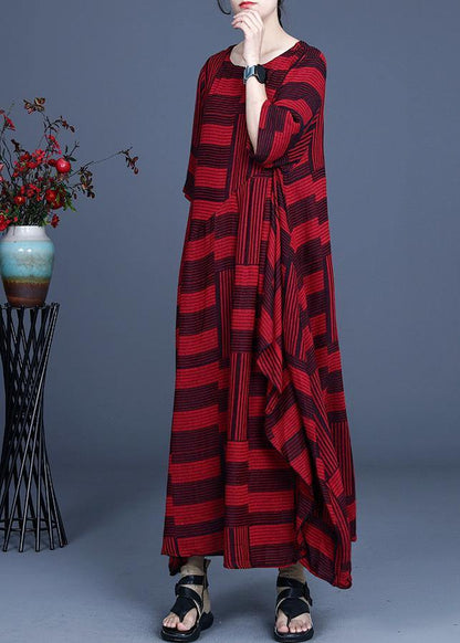 Comfy Red Striped Asymmetrical Design Maxi Summer Cotton Linen Dress