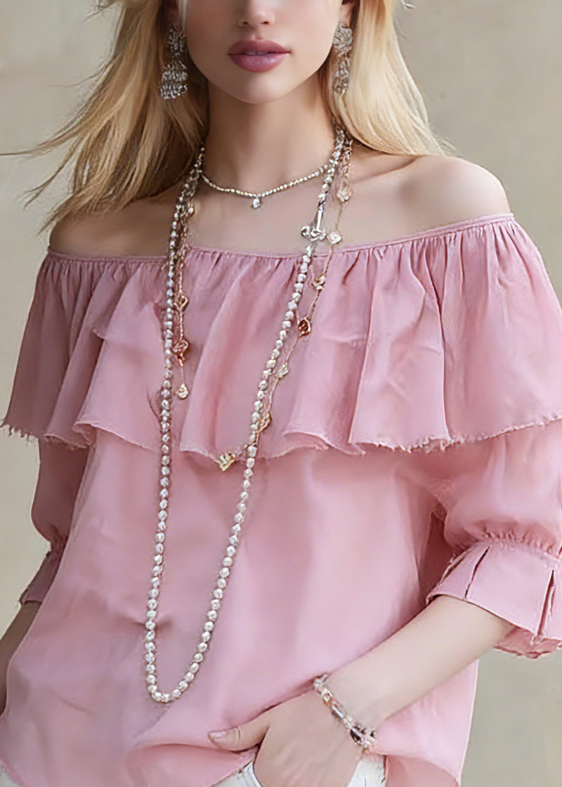 Red Slash Neck Ruffled Patchwork Top Half Sleeve