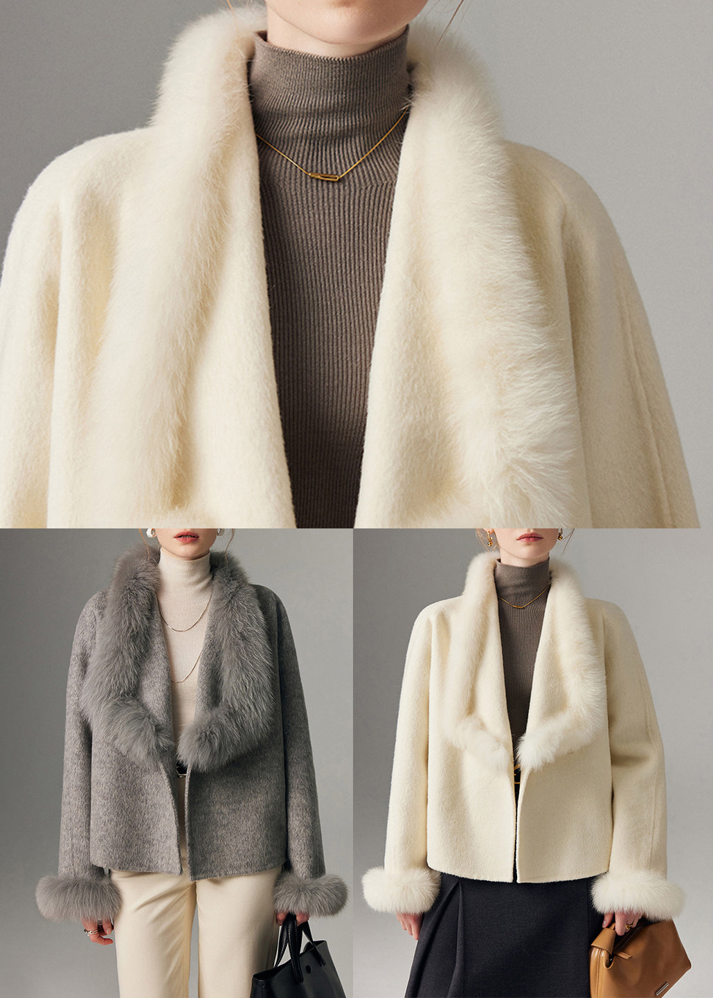Grey Oversized Patchwork Fox Fur Wool Cardigan Winter