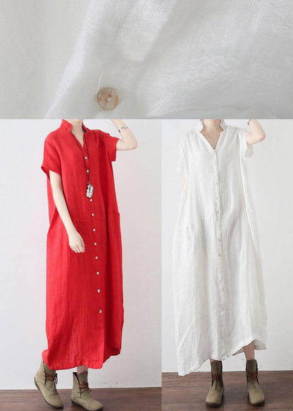 Simple White V Neck Vacation Dress Summer Linen Dress