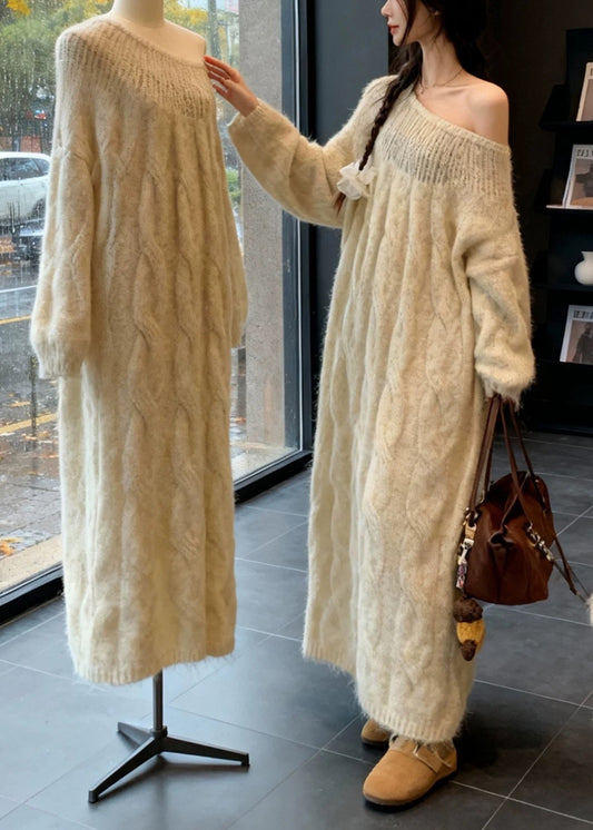 Beige Cold Shoulder Cable Knit Dress Spring