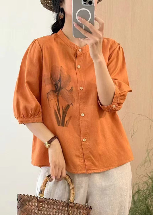 Orange Button Print Linen Blouses Half Sleeve
